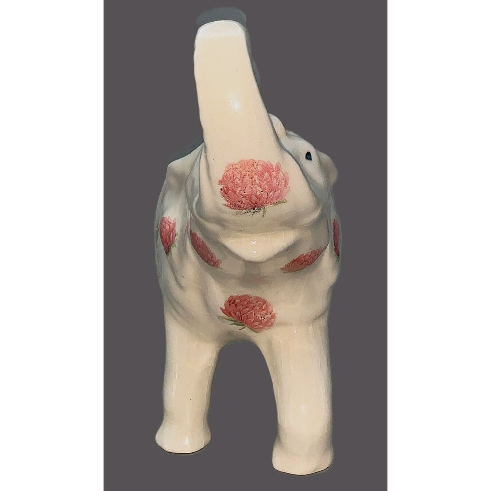 Cottage Granny Core Pink Thistle Flowers ELEPHANT Trunk Up Vtg Figurine 6" x 8" - Picture 8 of 12